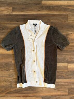 Reiss Brown Cuban Polo with White Center Panel and Orange Trim